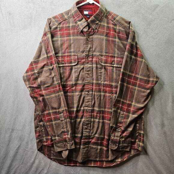 Tommy Hilfiger Flannel Mens Sz Medium Brown Burgundy Plaid Button Up Shirt - Picture 1 of 8